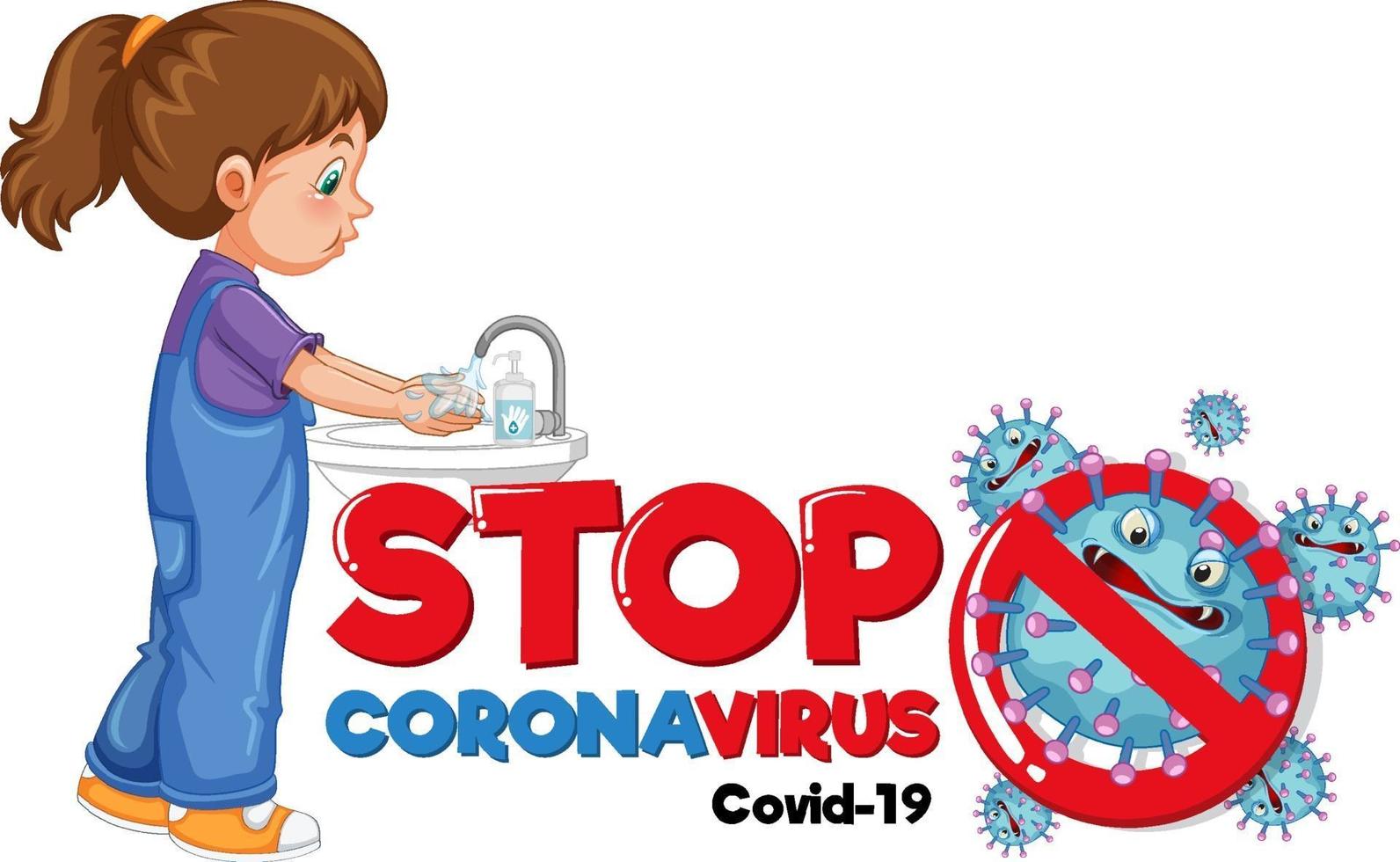 Stop Coronavirus banner with a girl washing hands on white background vector