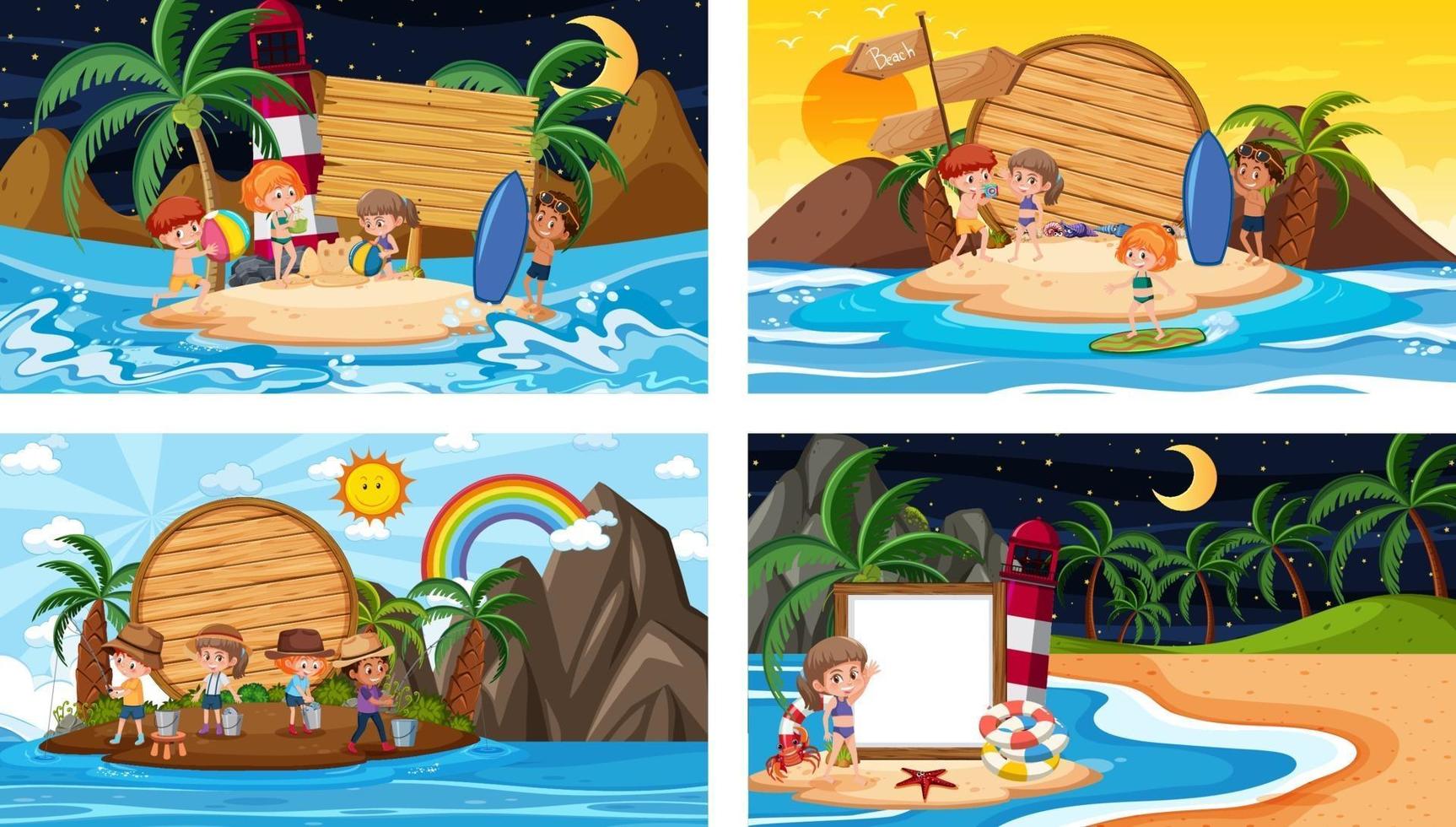 Set of different tropical beach scenes with blank banner vector