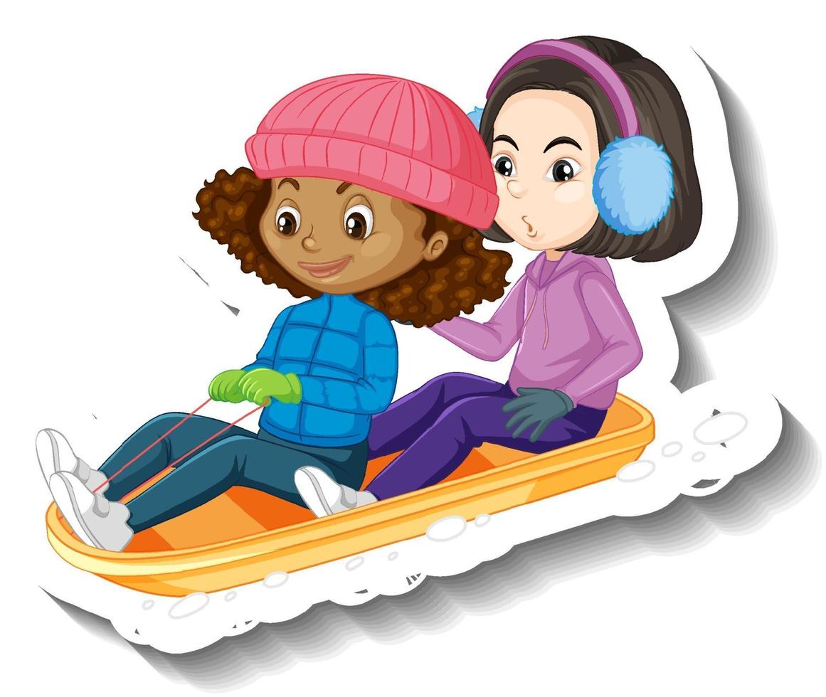 dos niñas sentadas en trineo de nieve personaje de dibujos animados pegatina vector