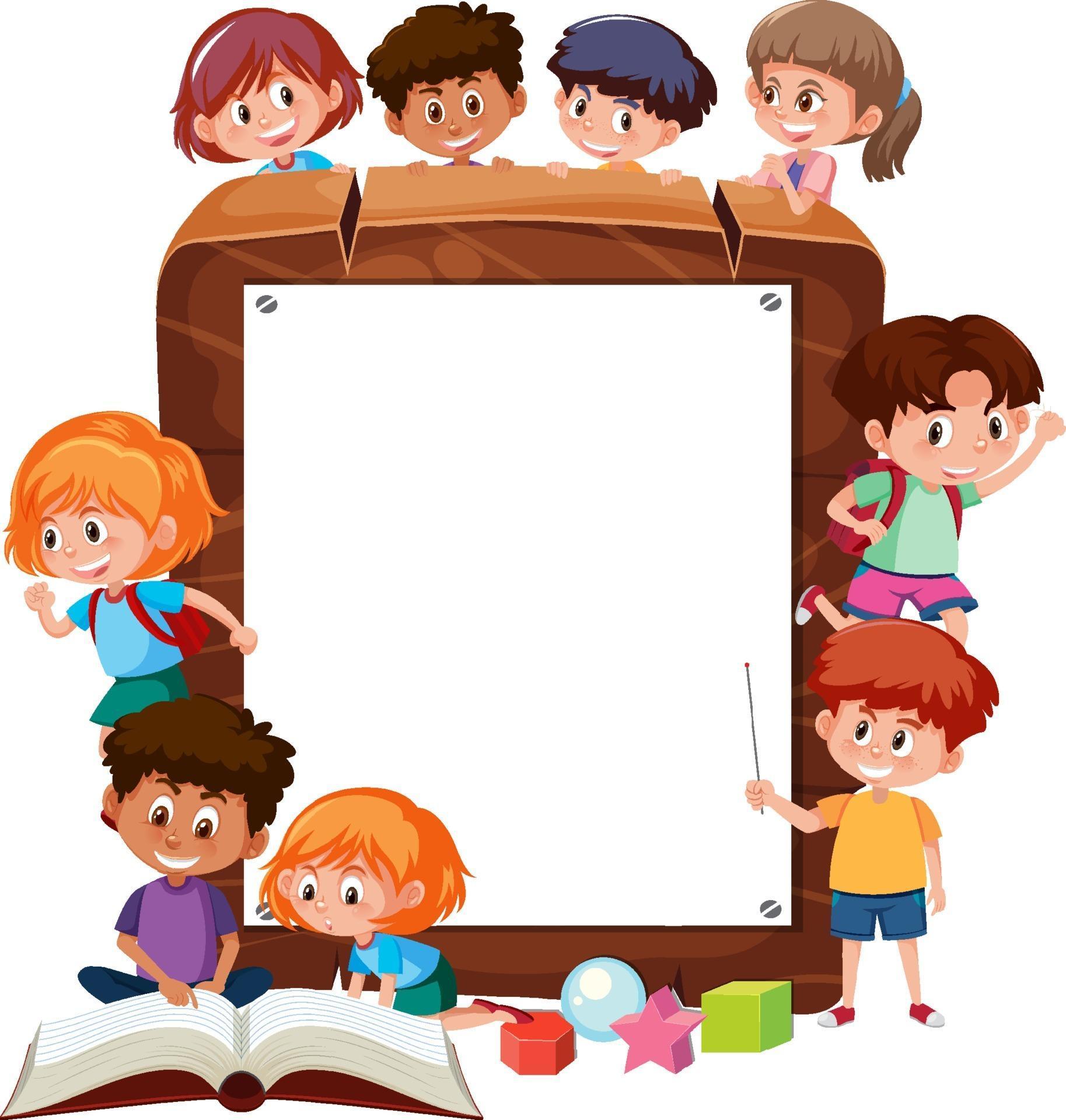 Empty wooden frame with many children cartoon character 3332886 Vector ...