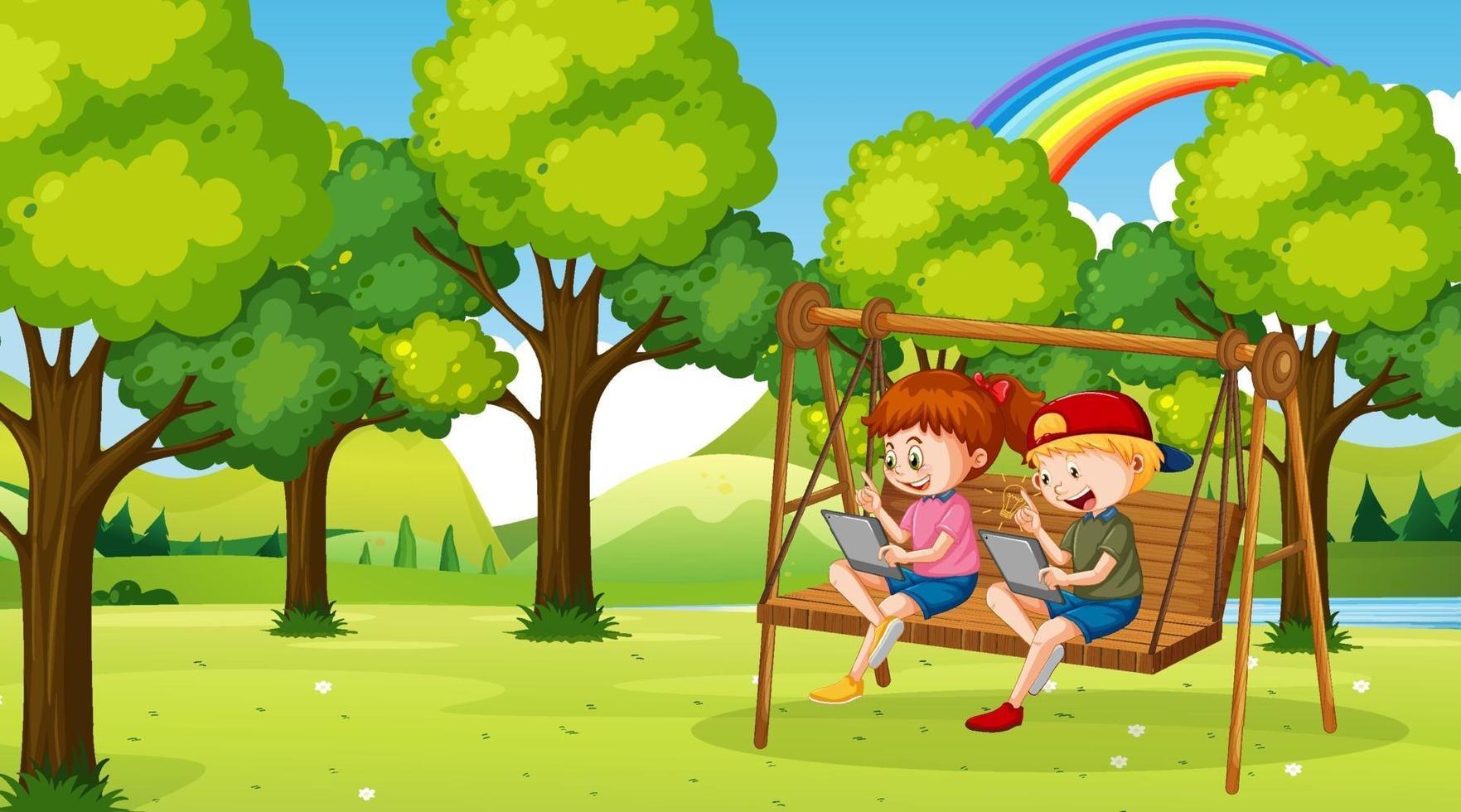 Kids leaning online with tablet on swing chair vector
