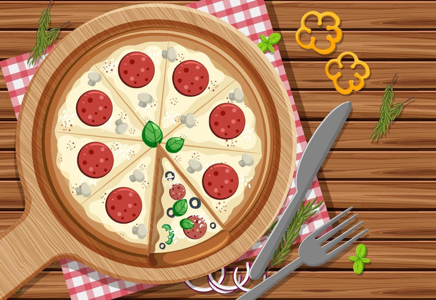 A whole pizza with pepperoni topping on the table background vector