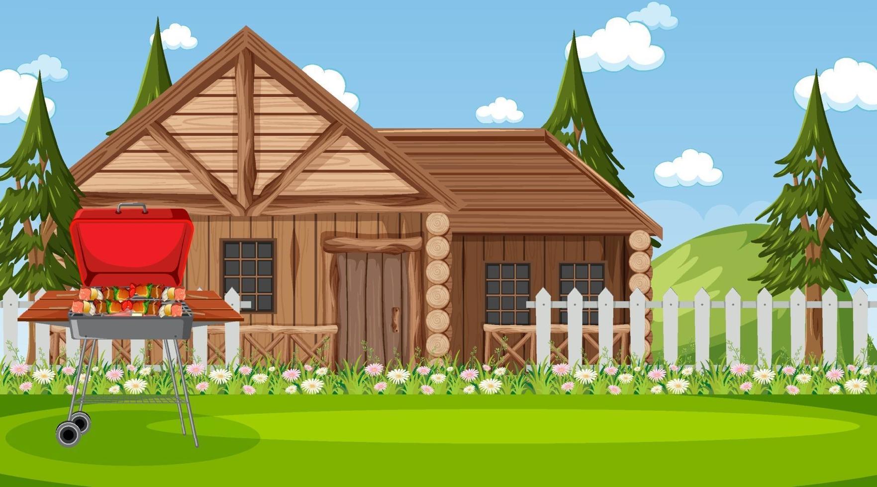 Wooden house in nature scene with barbecue grill stove vector