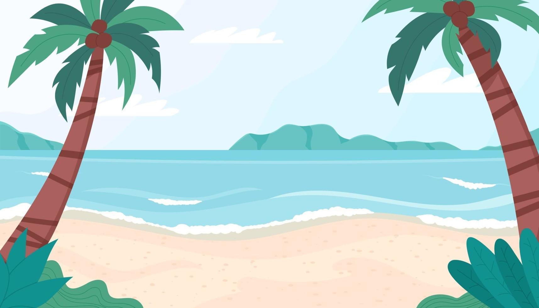 paisaje de playa de verano. palmera, montañas, mar y nubes. vector