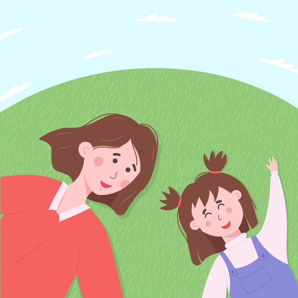 Mother and daughter laying on the grass under blue sky with clouds. vector