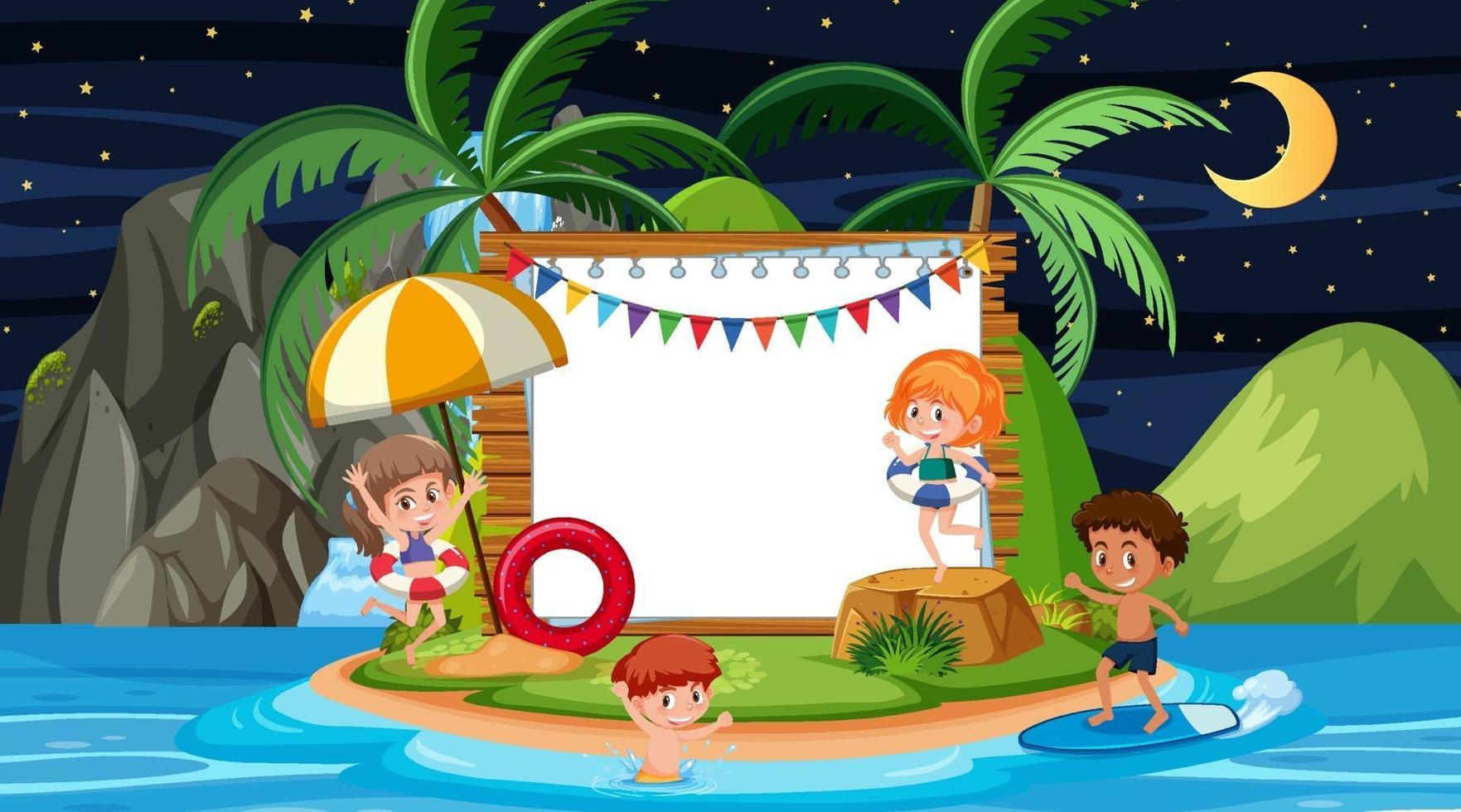 Kids on vacation at the beach night scene with an empty board template vector