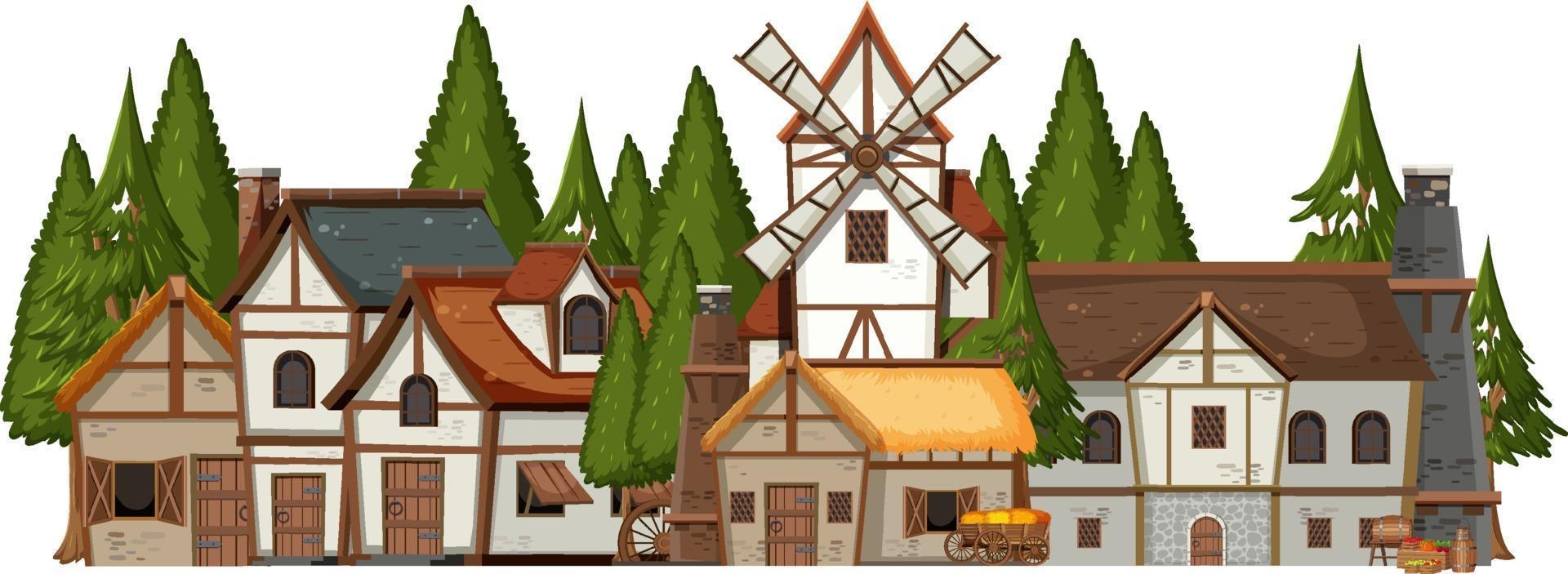 Medieval village with pine forest vector