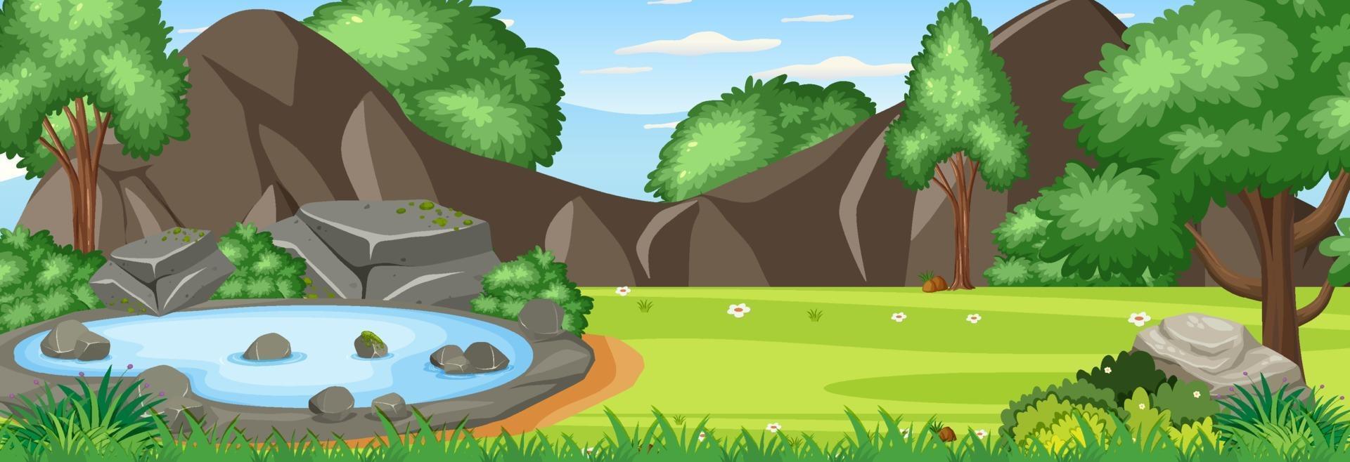 Forest panorama landscape scene with many trees and pond vector