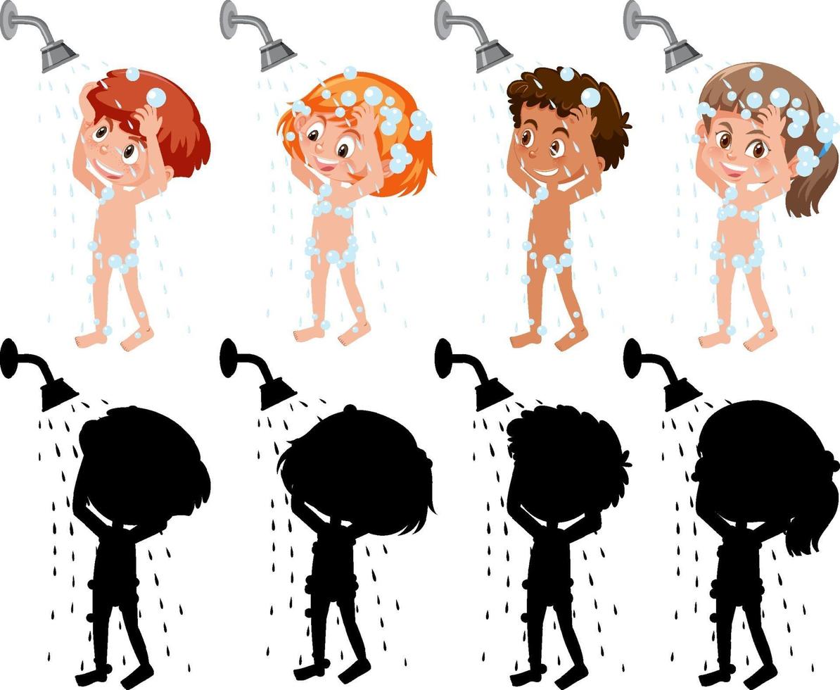 conjunto, de, diferente, niños, caricatura, carácter, tomar una ducha, con, silueta vector