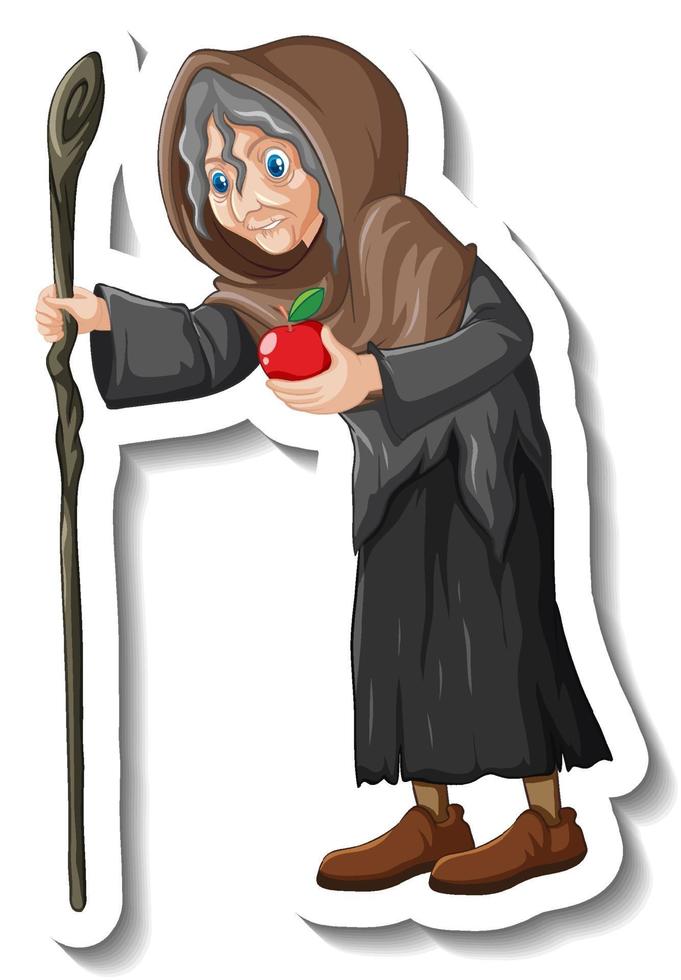 Old witch holding staff and apple cartoon character sticker vector