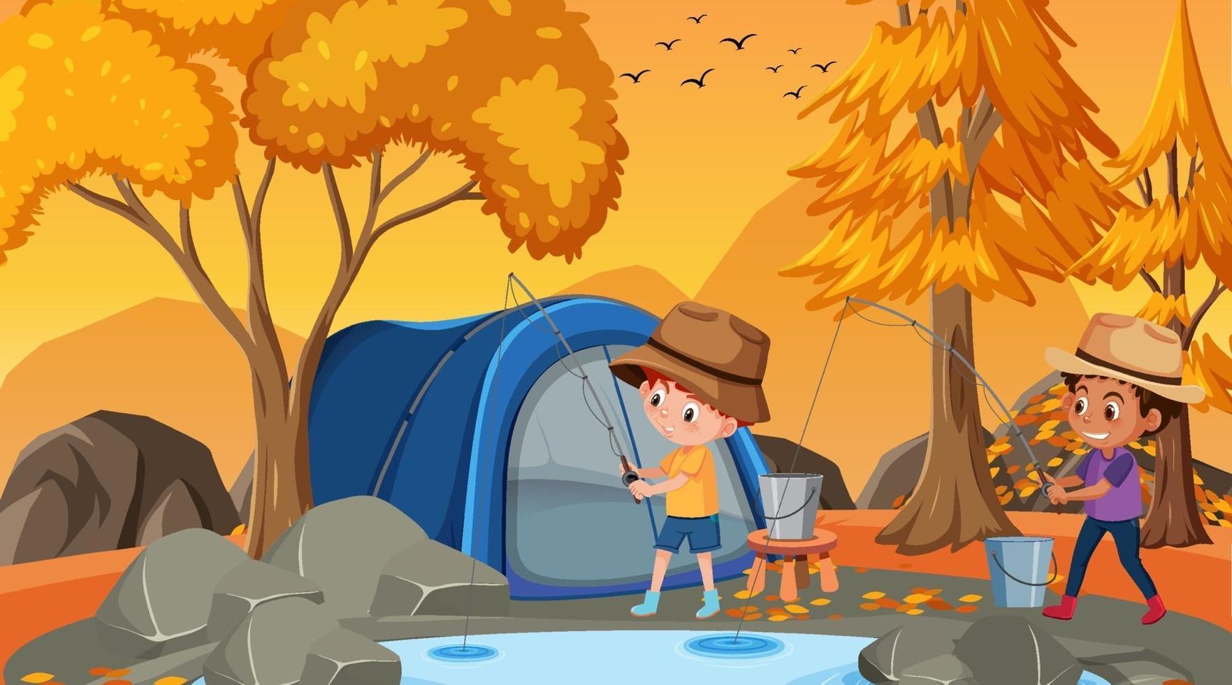 Autumn forest scene with two kids fishing in the pond vector