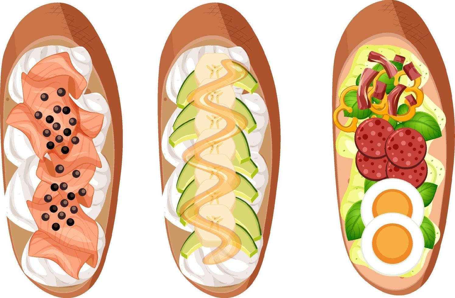 Conjunto de bruschettas con diferentes ingredientes sobre fondo blanco. vector