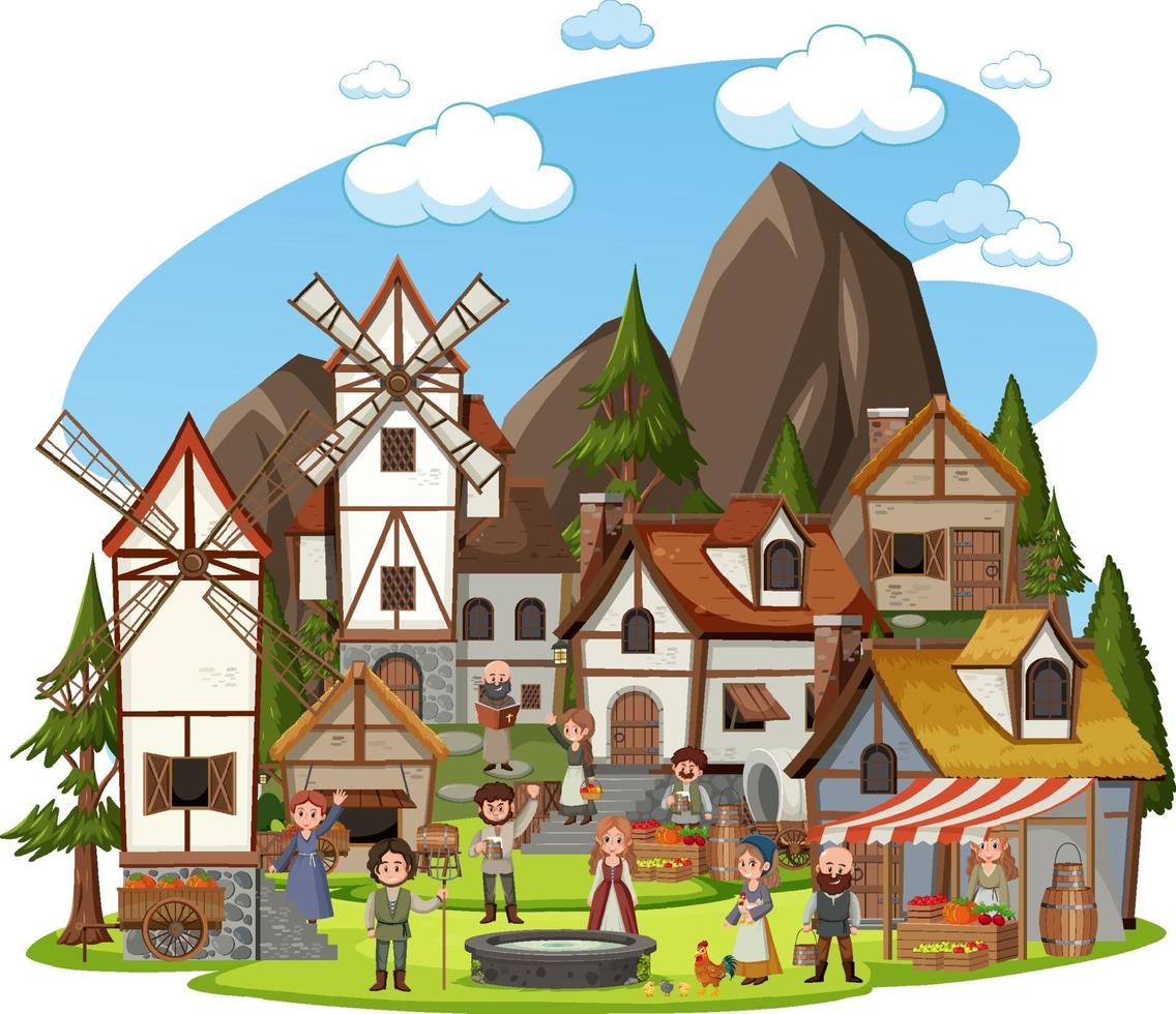 Medieval village with villagers on white background vector