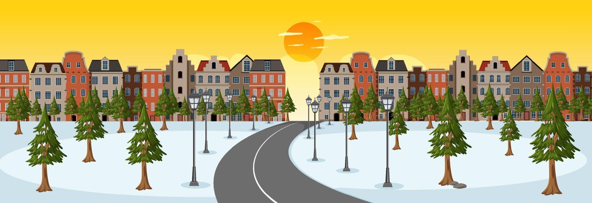 Scene at sunrise time with long road through snow park into the town vector