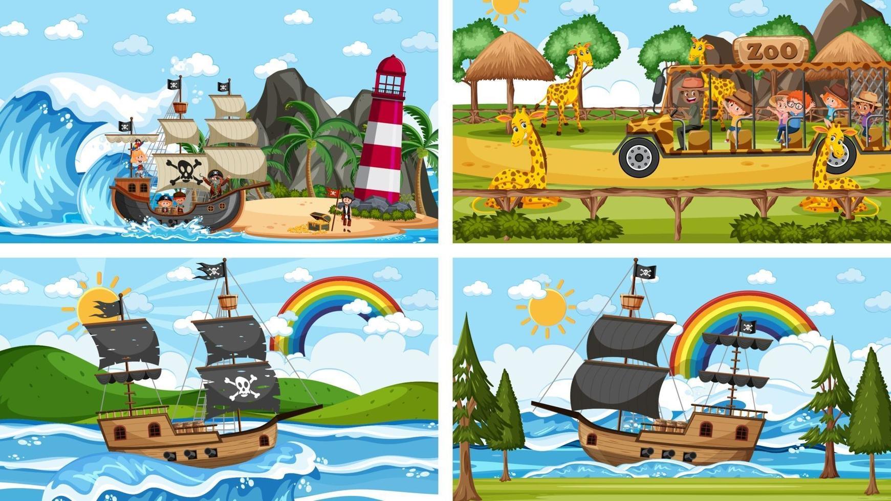 Different scenes with animals in the zoo and pirate ship at the sea vector