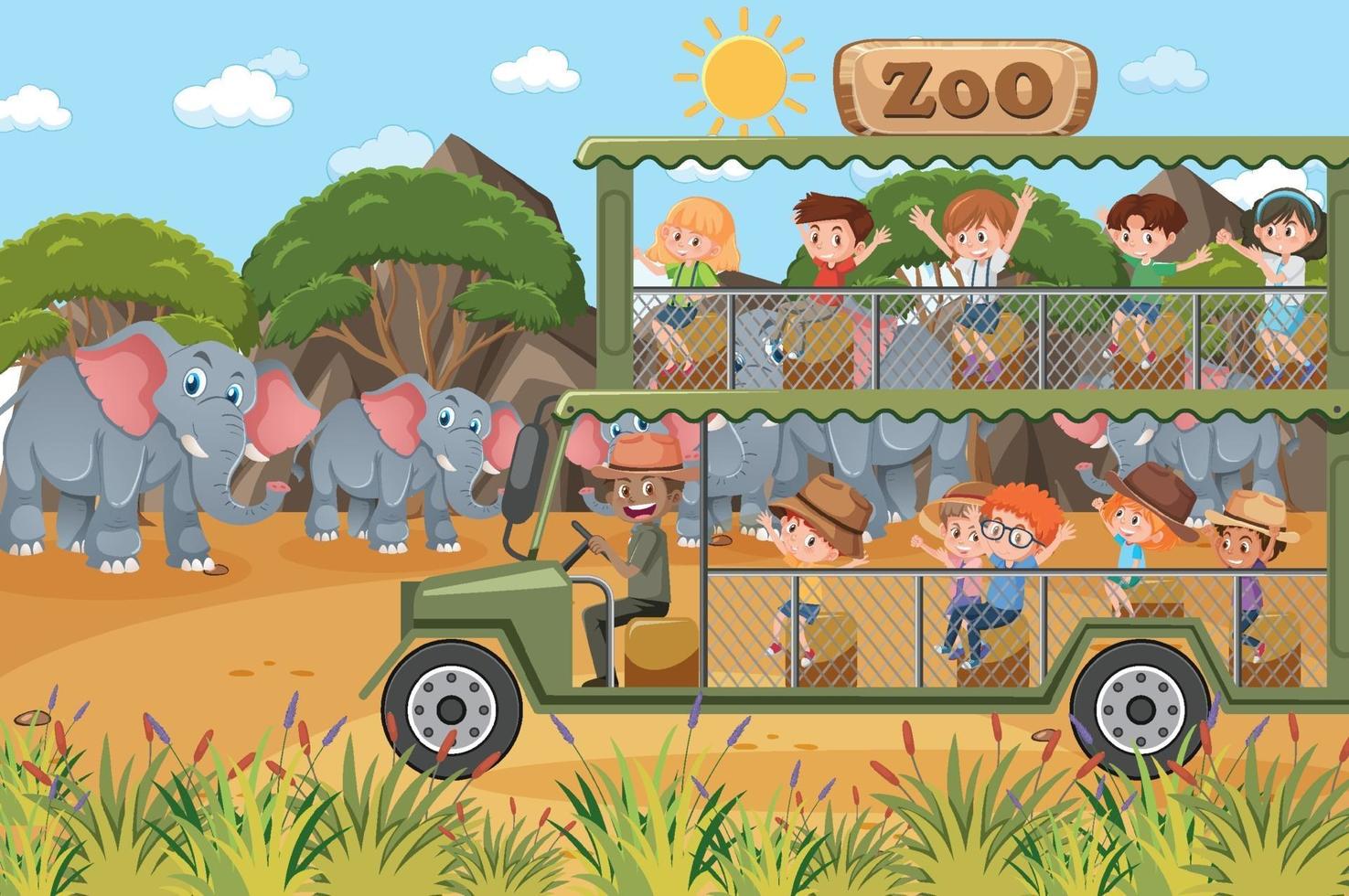 Safari scene with kids on tourist car watching elephant group vector