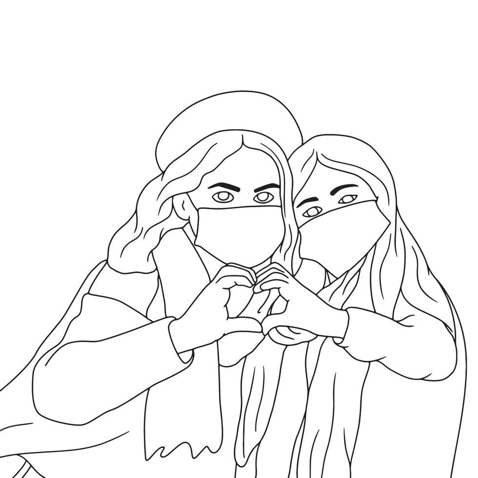Coloring pages - illustration of people with mask, flat Vector