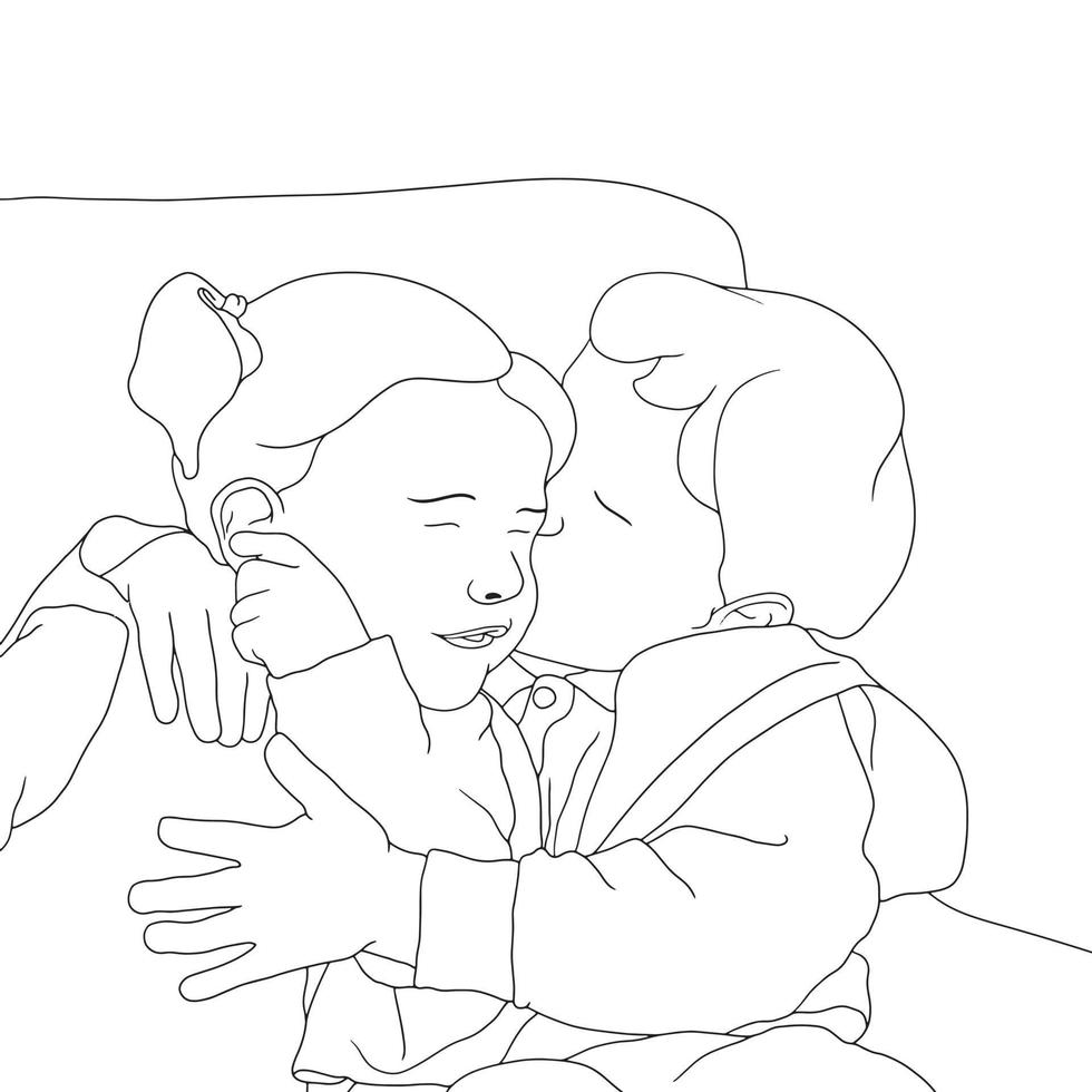 Coloring Pages-cute kids lovely bonding, small babies sitting on sofa, vector