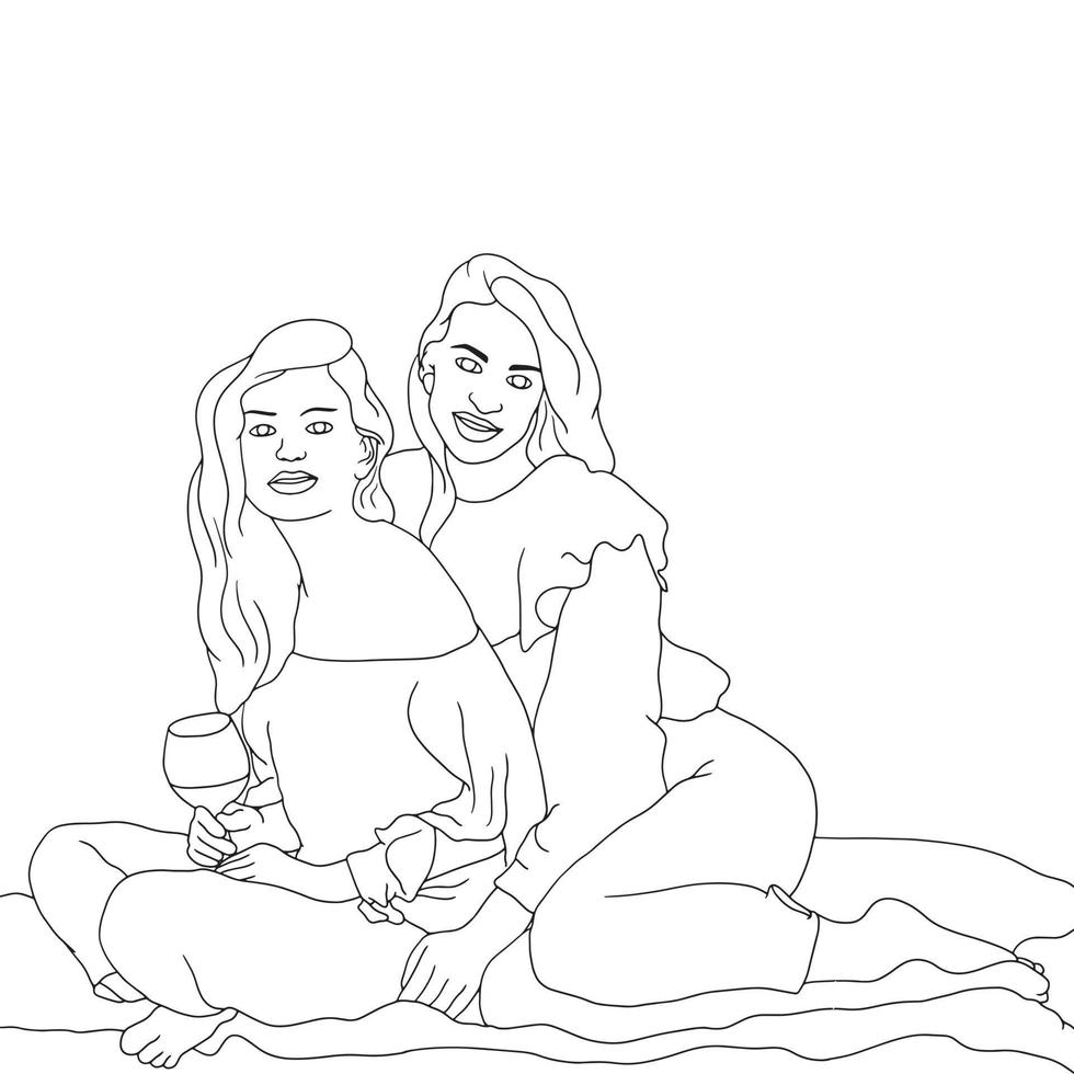 Coloring Pages - two girls sitting on the carpet, happy girls, vector