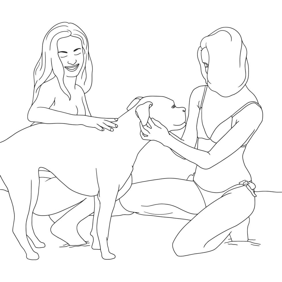 dibujos para colorear chicas lindas en bikini en la playa con el perro, vector