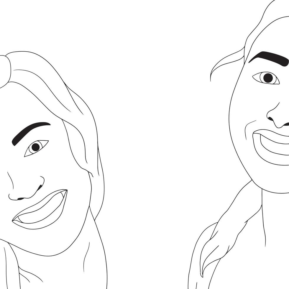 coloring pages close up face drawing of two girls, vector