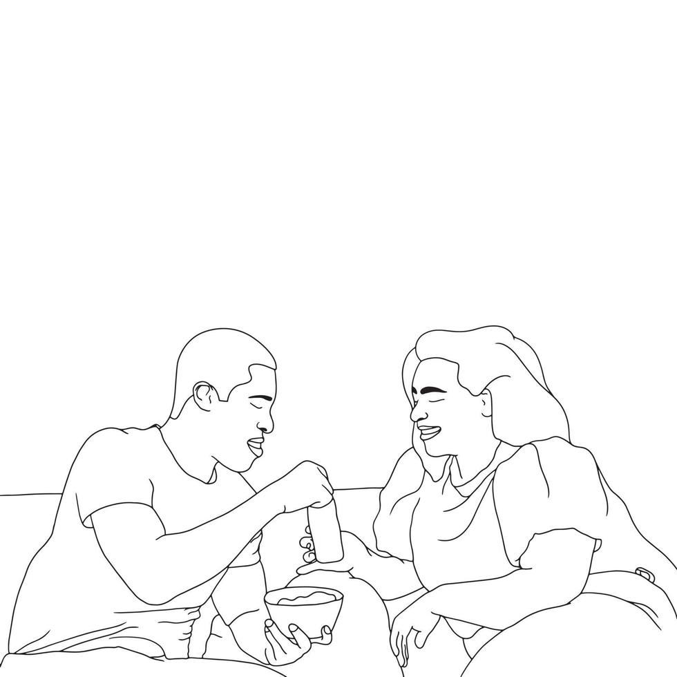 Dibujos para colorear dos mejores amigos o marido y mujer compartiendo comida, vector