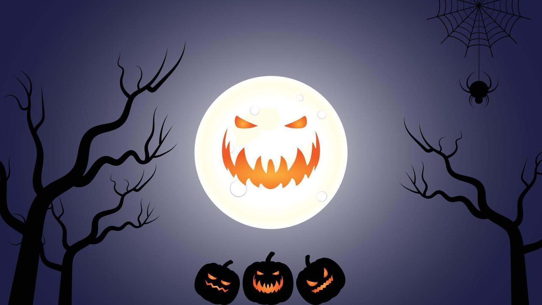 feliz halloween, luna gigante y calabaza con árboles en la noche oscura bg vector