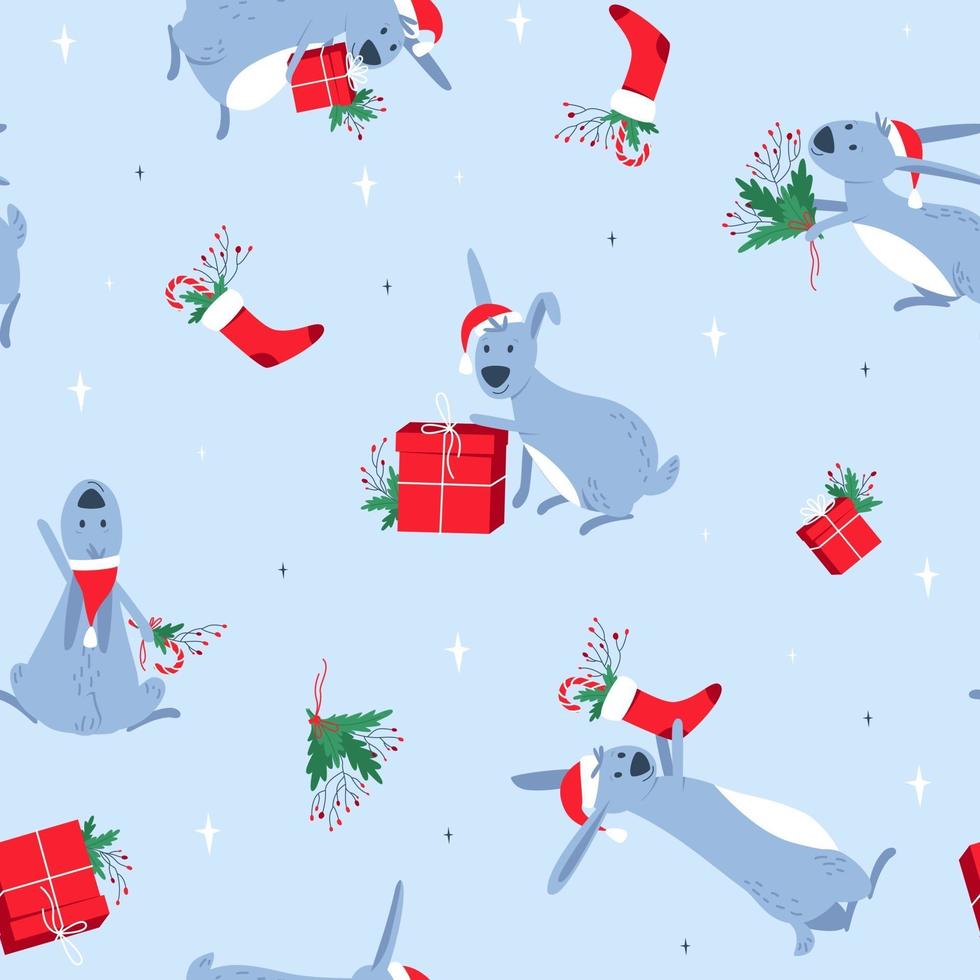 Seamless pattern of cute rabbits in Christmas hats with gifts vector