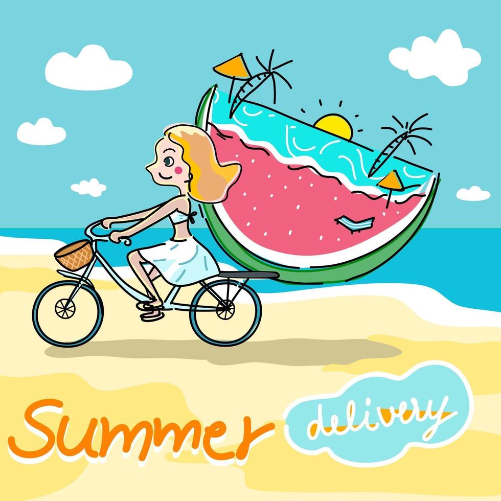girl riding a bicycle on the beach summer delivery cartoon vector