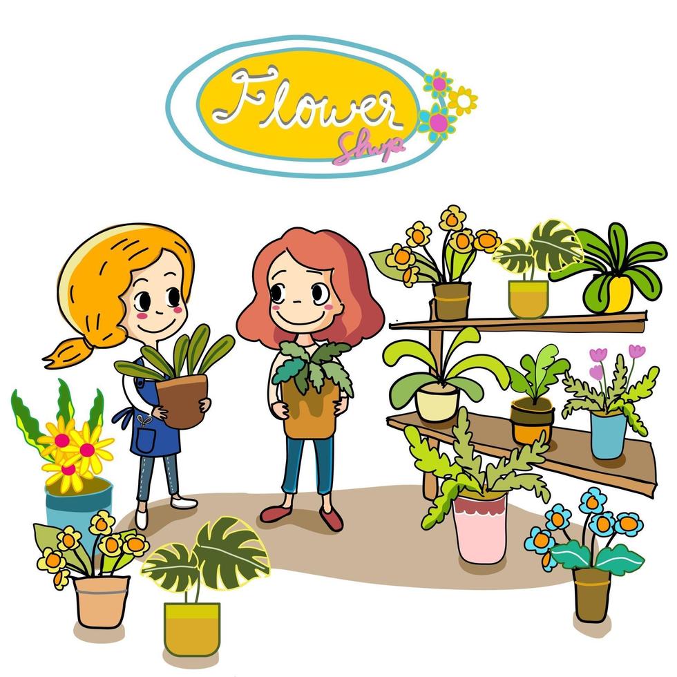 niñas en flores jardinería tienda vector de dibujos animados