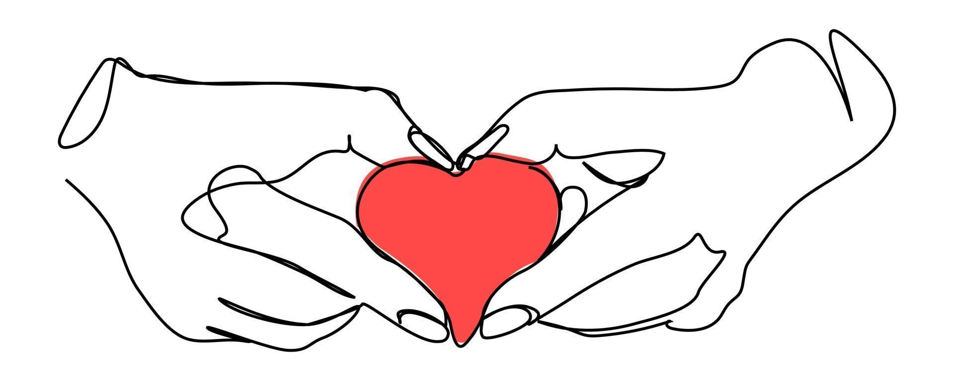 continuous lines red heart on palm love symbol vector