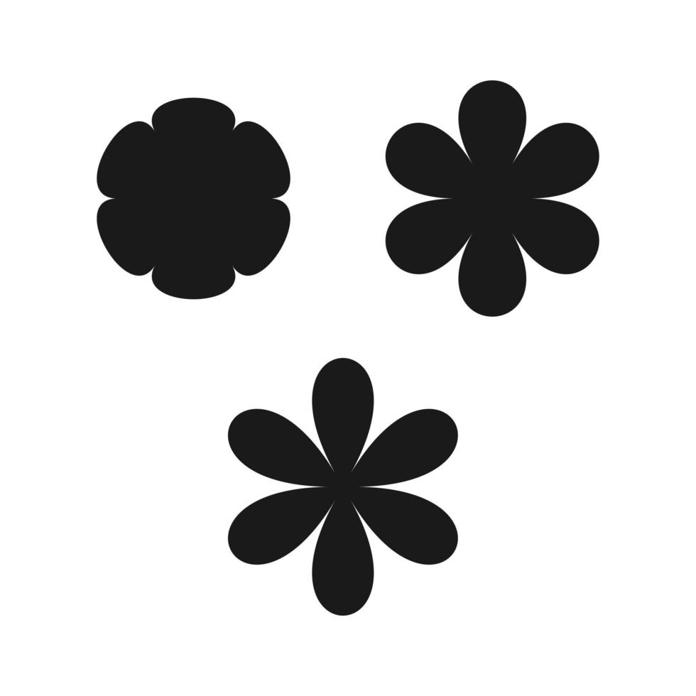 icono de flores negras conjunto ilustración plana de seis pétalos vector