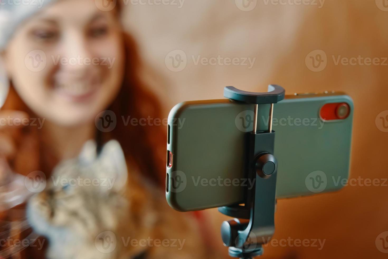 Red-haired woman with a cat communicates via video link photo