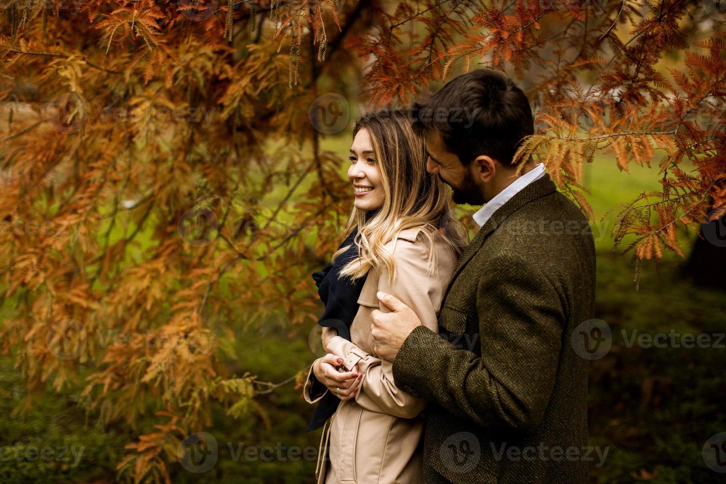 Young couple in the autumn park photo
