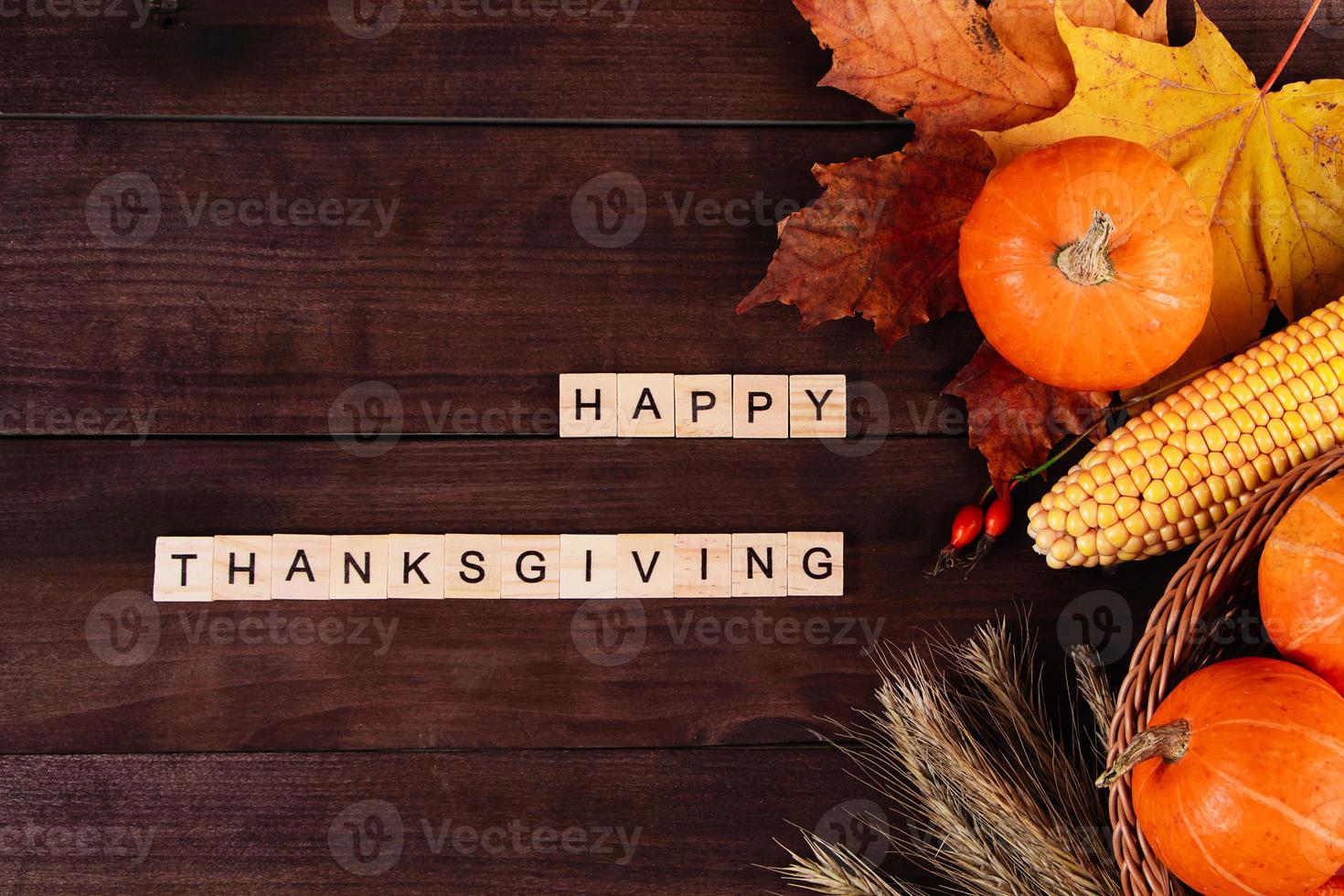 Happy Thanksgiving Day. Ripe orange pumpkins, wheat and corn photo