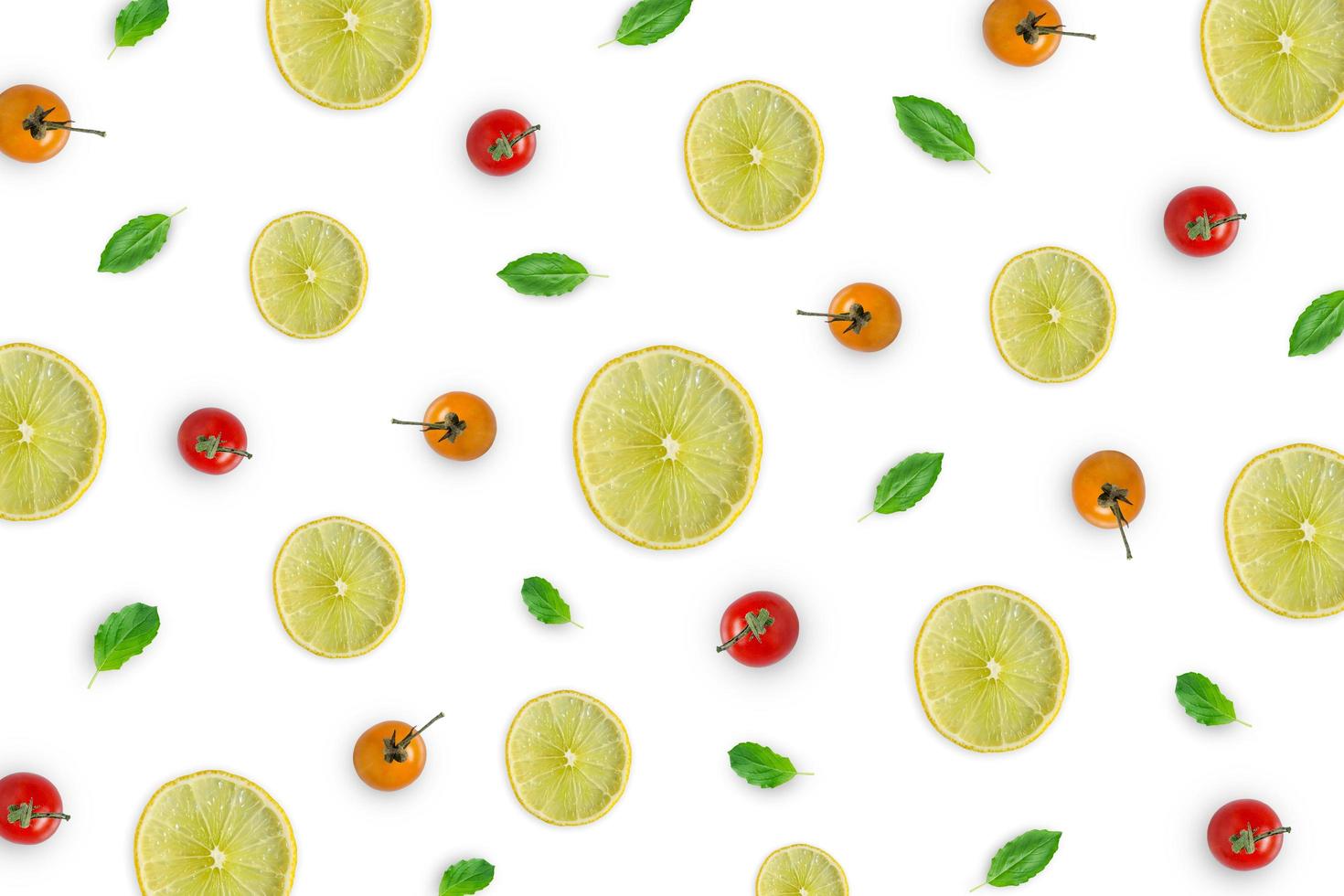 Raw material with lemon, basil leaves, tomato on white background. photo