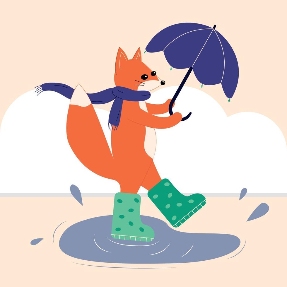 Vector postcard of walking autumn fox with umbrella in boots.