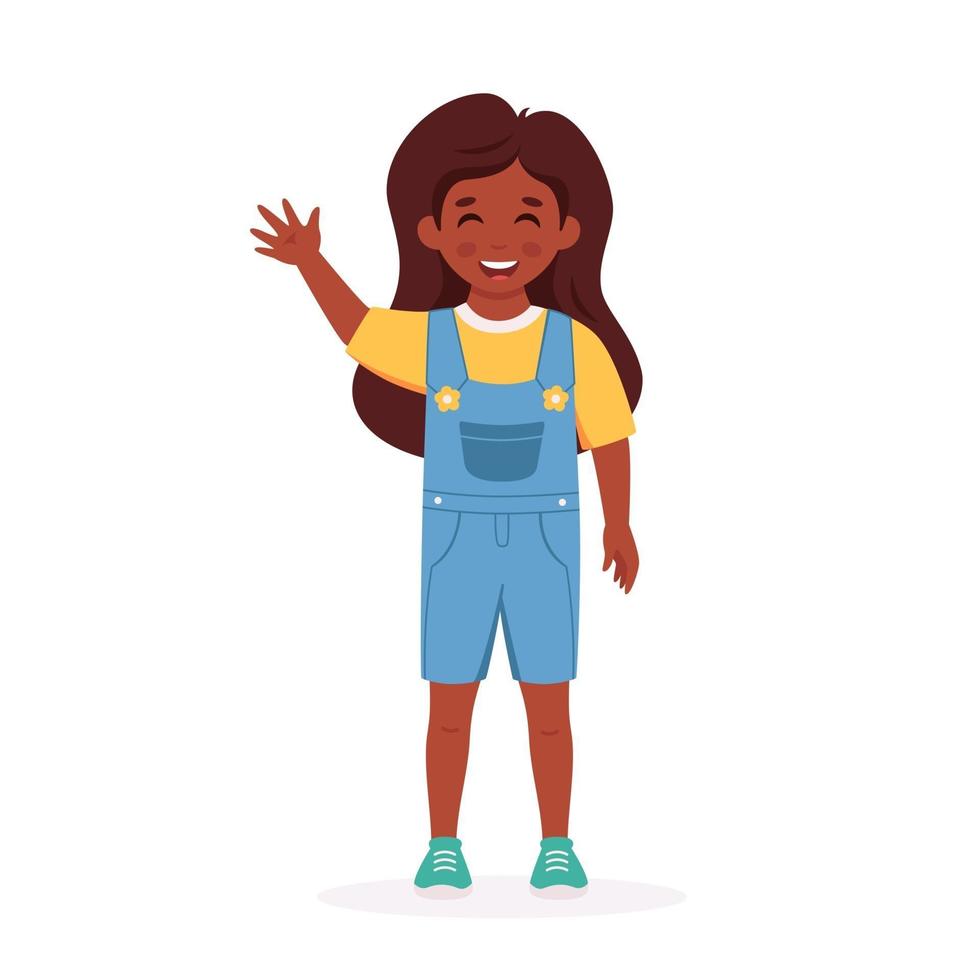 niña negra sonriendo y agitando la mano. gesto de saludo. vector