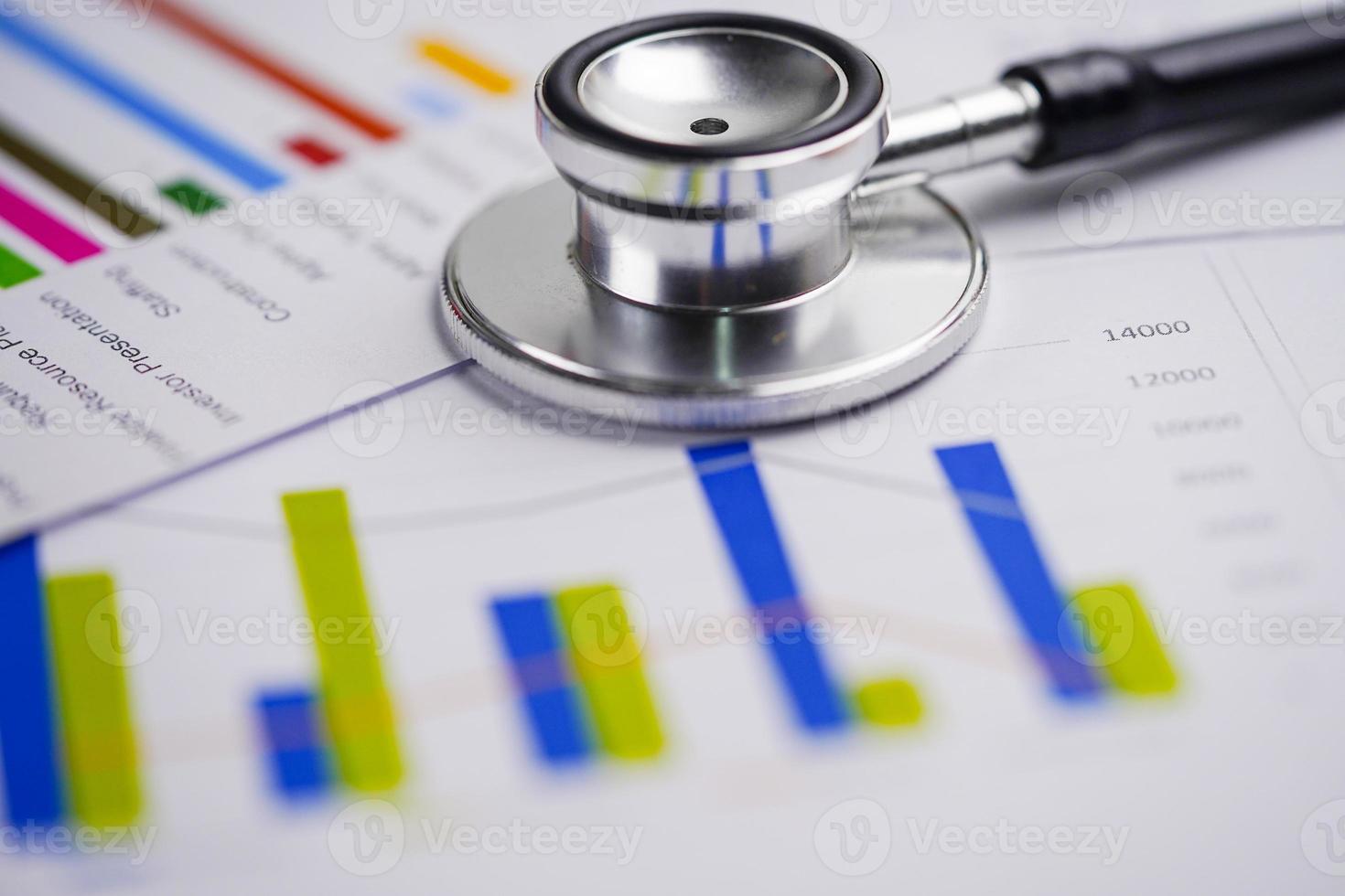 Stethoscope on graph paper. Financial account business data. photo