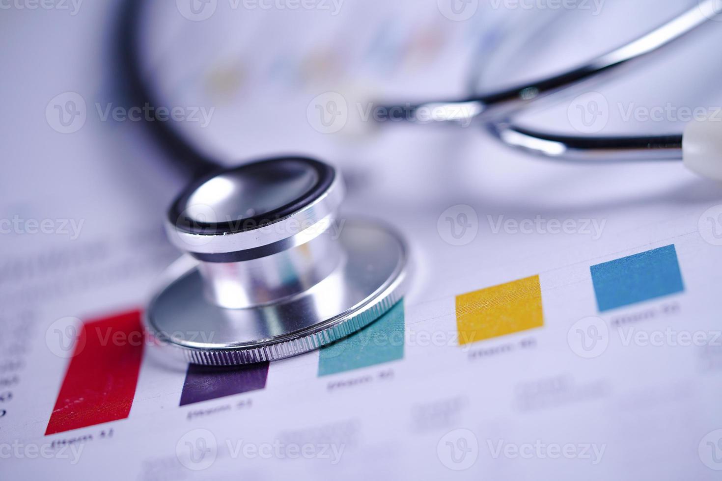 Stethoscope on graph paper. Financial account business data. photo