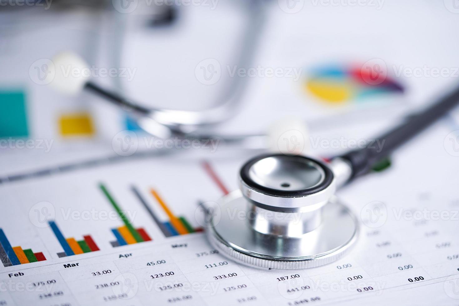 Stethoscope on graph paper. Financial account business data. photo