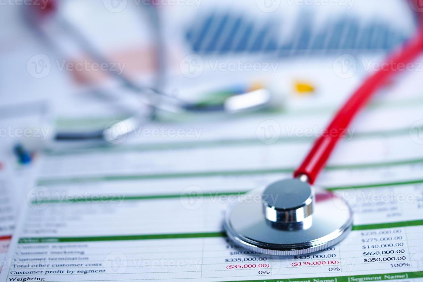 Stethoscope on graph paper. Financial account business data. photo