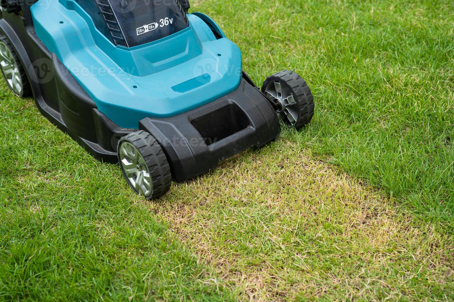 máquina de mover el césped cortó la hierba verde, hobby plantar el jardín de su casa. foto