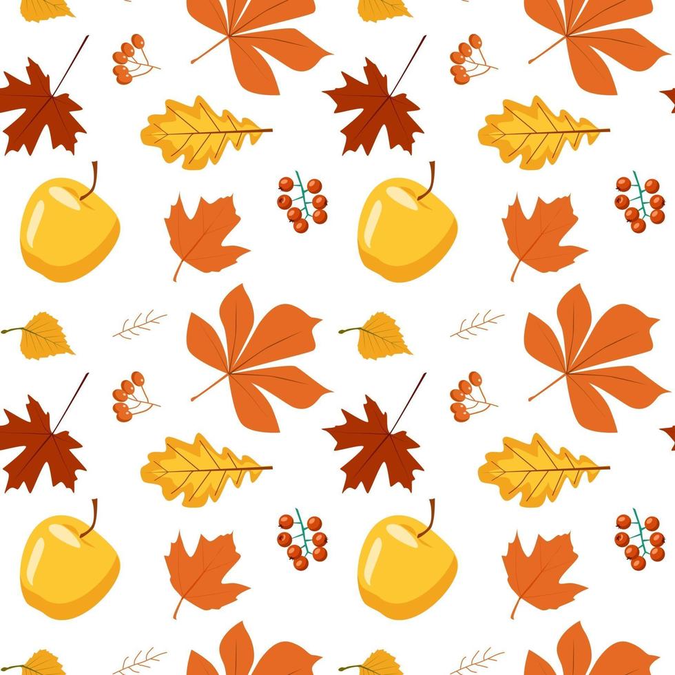 Seamless autumn pattern of leaves and apples vector