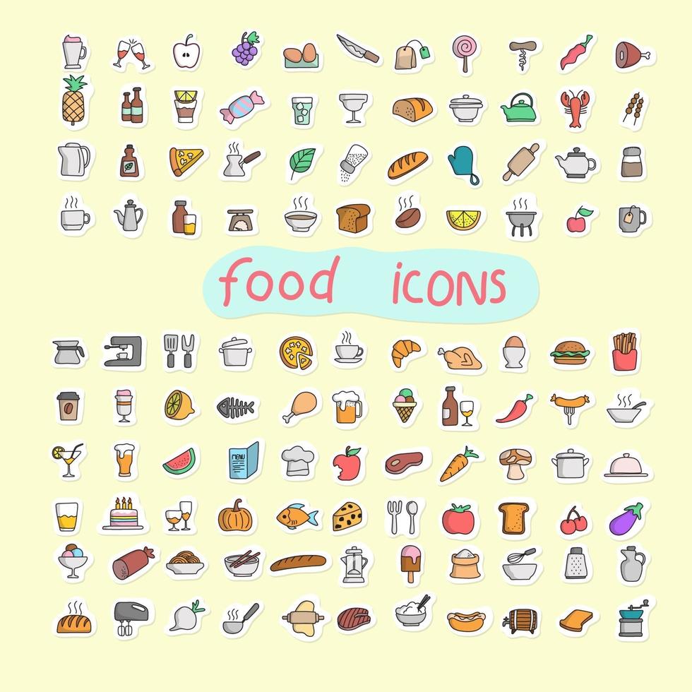 colorful food icon set in sticker style hand drawn isolated vector