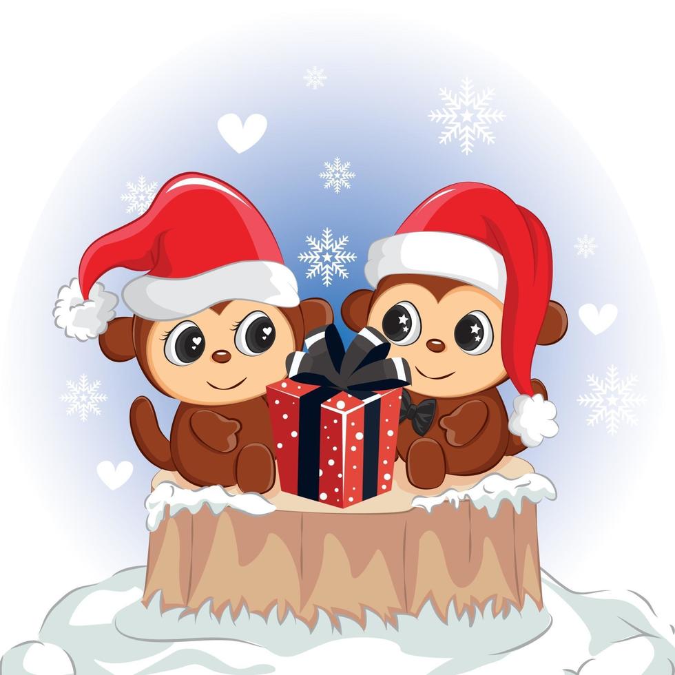 mono feliz pareja con caja de regalo roja. mono lindo para el día de navidad. vector