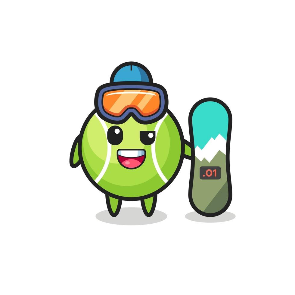 Ilustración de personaje de pelota de tenis con estilo de snowboard vector