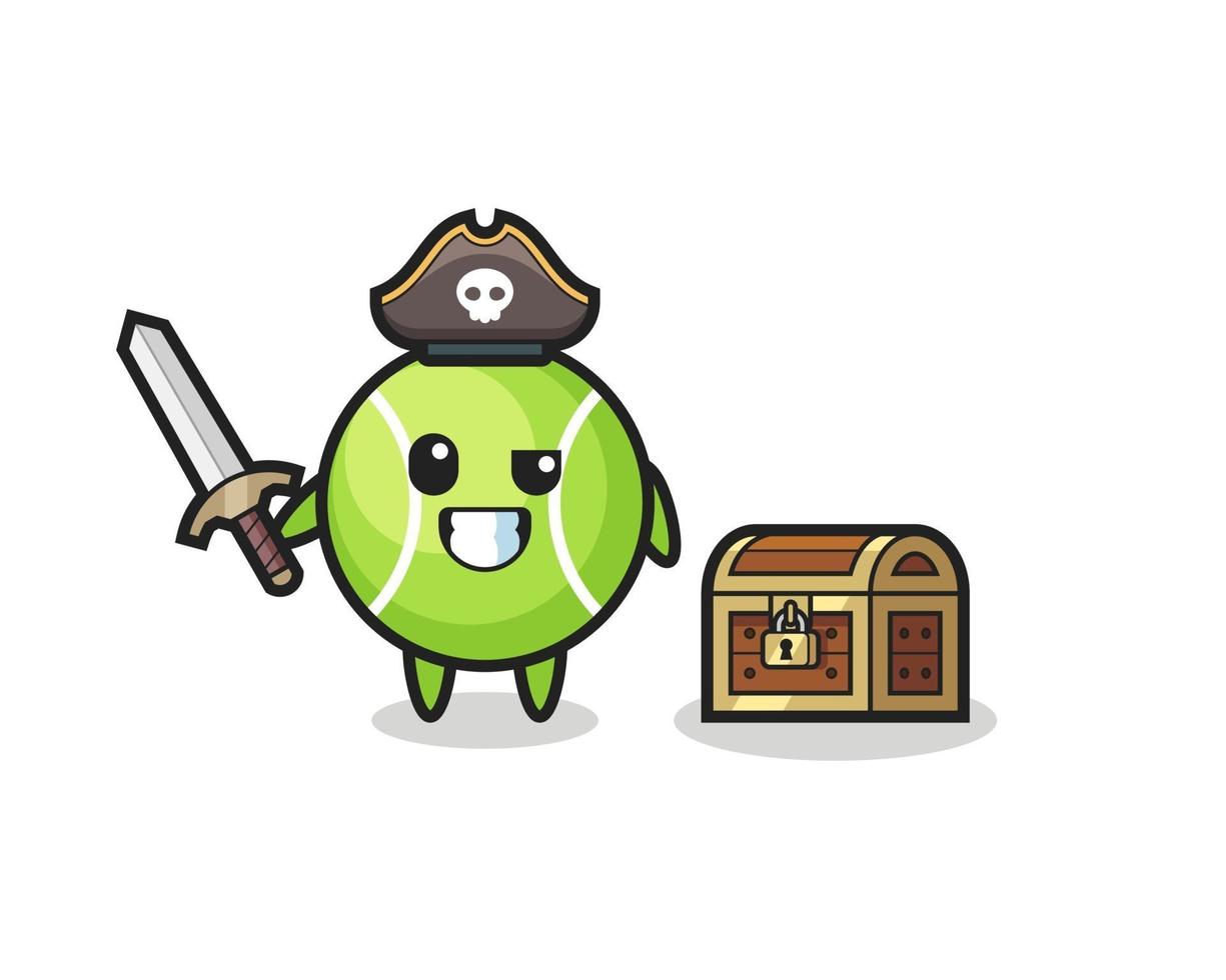 el personaje pirata de la pelota de tenis sosteniendo la espada al lado de un cofre del tesoro vector