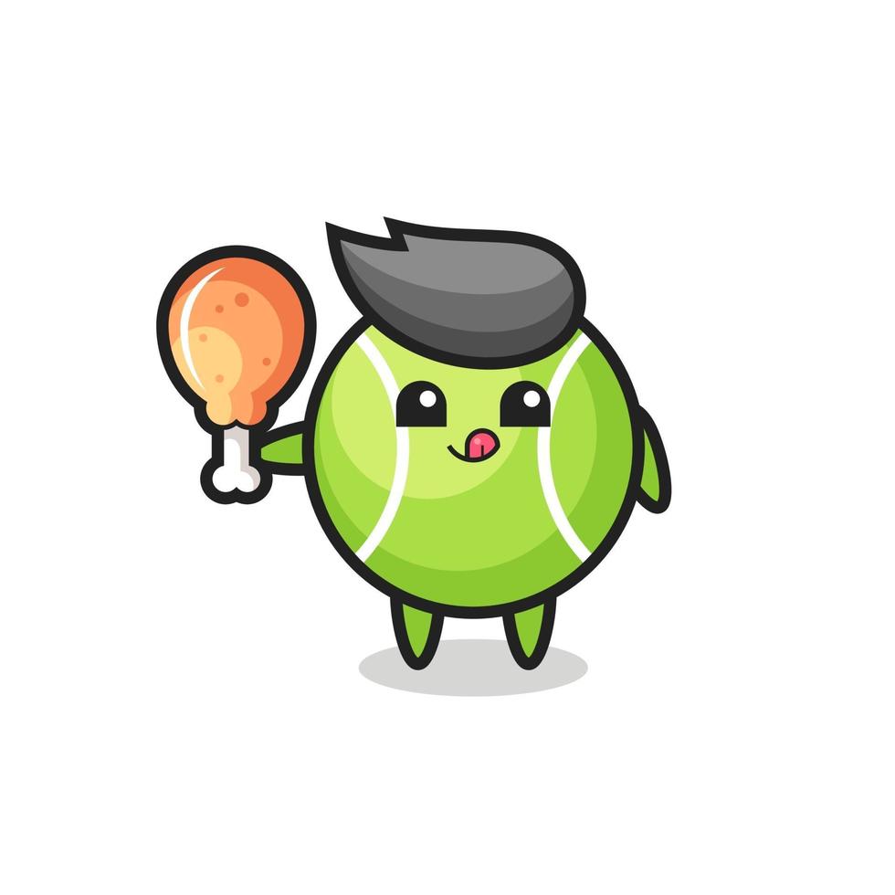 tennis ball cute mascot is eating a fried chicken vector