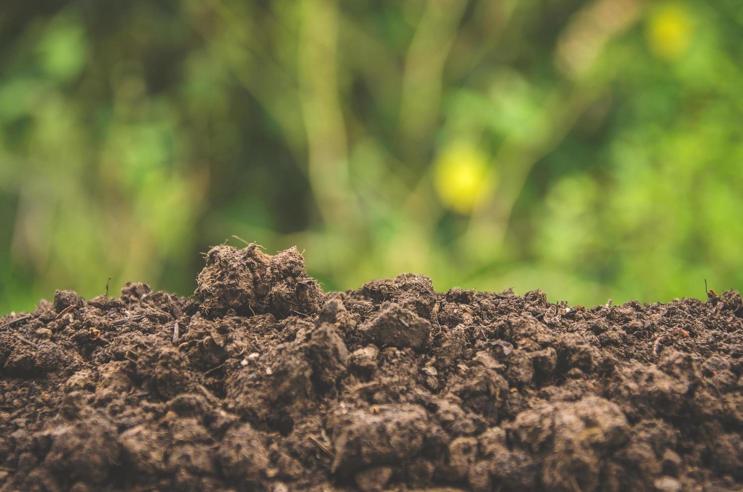 preparación de suelo para la agricultura y montón de suelo con fondo verde. foto